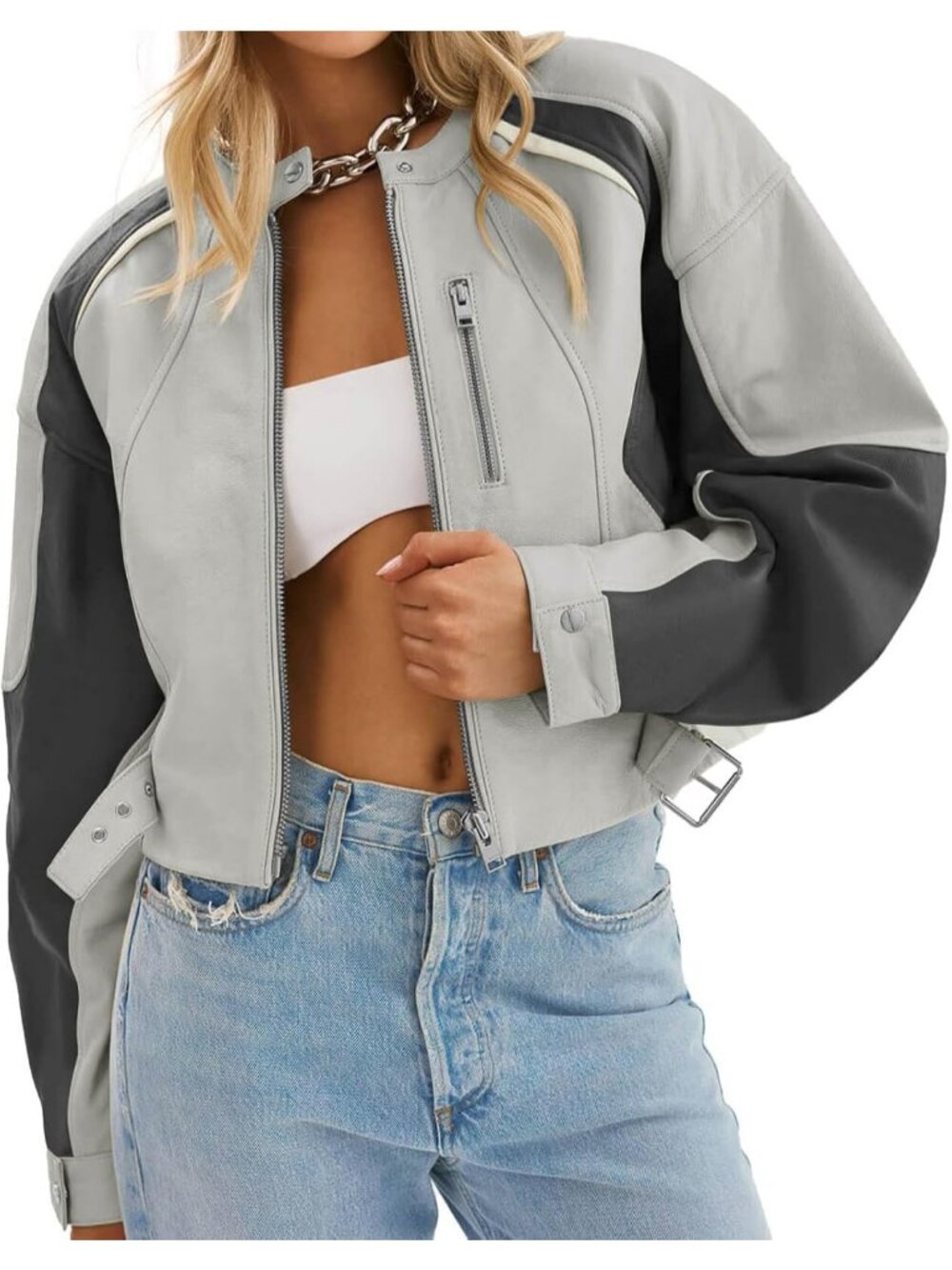 Women's Grey Faux Leather Bomber Jackets Cropped Zip Up Color Block Moto Jacket